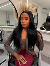 Load image into Gallery viewer, Jet black glueless HD lace wig with sleek straight texture.